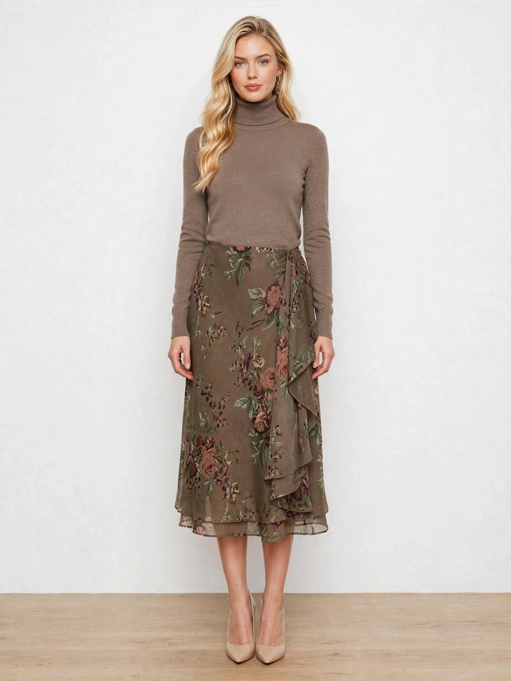 Ralph Lauren Olive Floral Wrap Midi Skirt